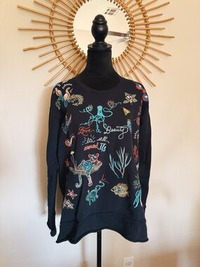 Johnny Was Black Embroidered Crewneck Sweater with Multicolor Ocean Motifs